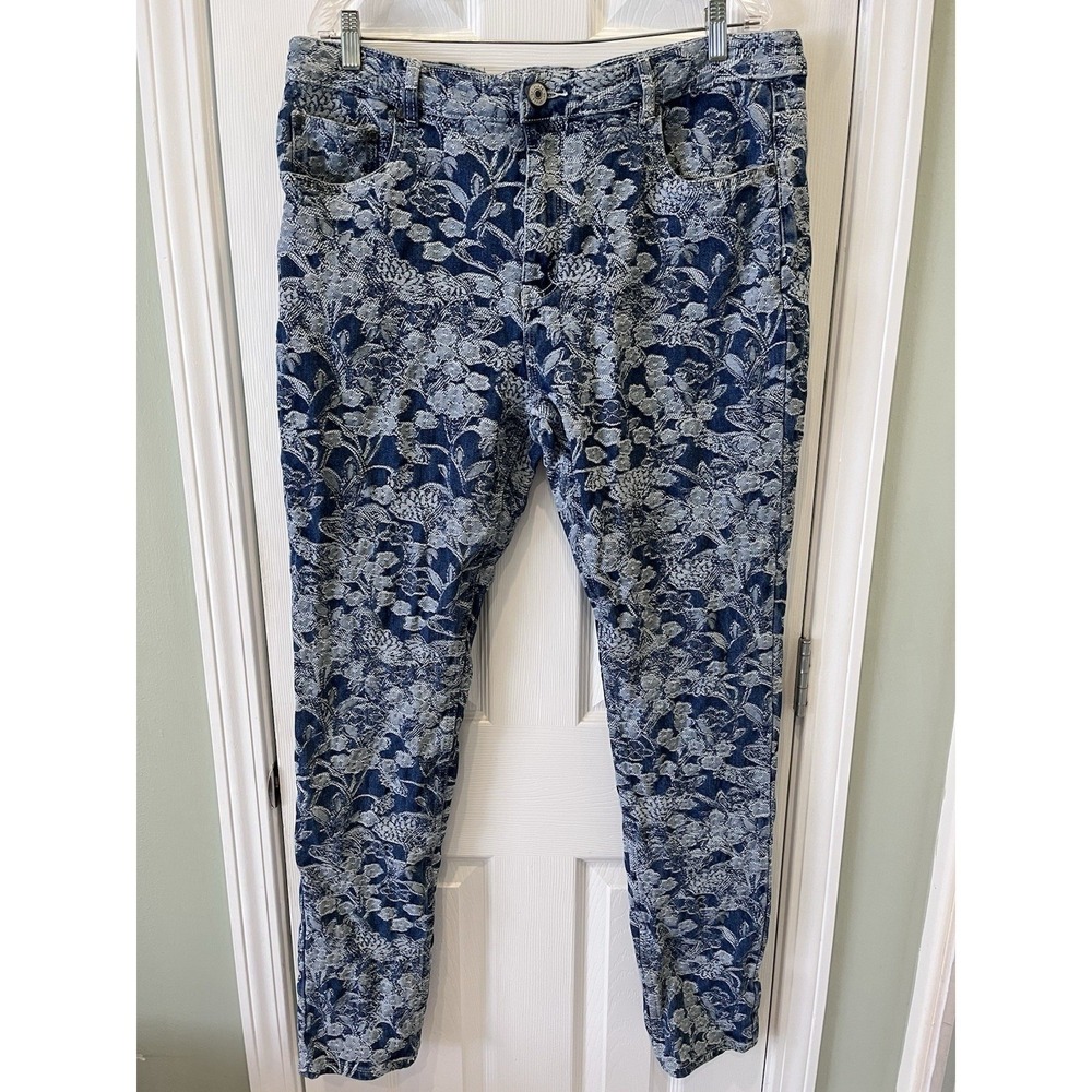 Serenede Men 38 Fitted Floral Jacquard Jeans Blue White Denim Pants Embroidered